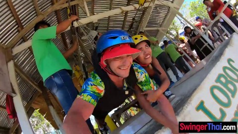 Zipline and sex with big ass Thai girlfriend who also sucked his big cock