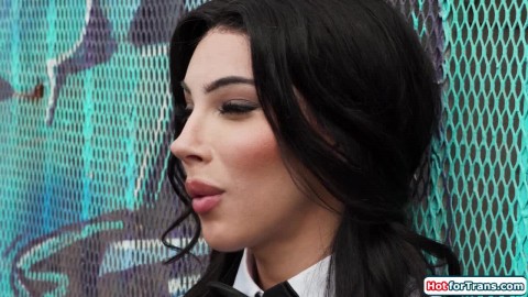 My busty shemale waiter colleague jerking off both our dicks