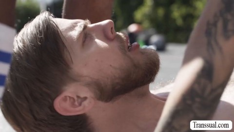 Watch this TS suck and ride two big cocks in court