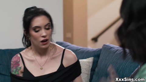 Charlotte guides Anna's head to her husband's cock for a blowjob