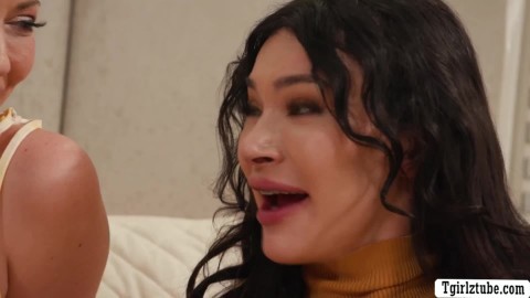 MILF blonde gets pussy and ass fucked by two Tgirl