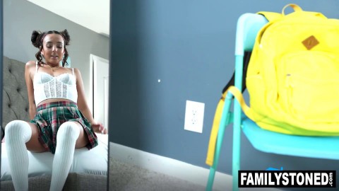 Stepdaughter Sasha Tatcha tricks her stepdad into watchign her masturbate