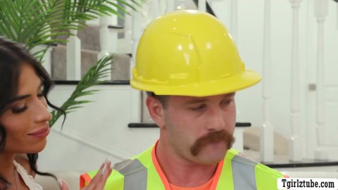 Construction worker drills the ass of two horny TS