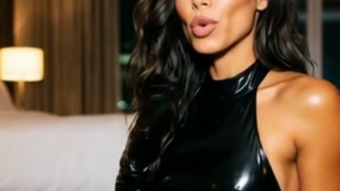 Shemale in Shiny Black Latex Bodysuit and Boots Posing Sexy